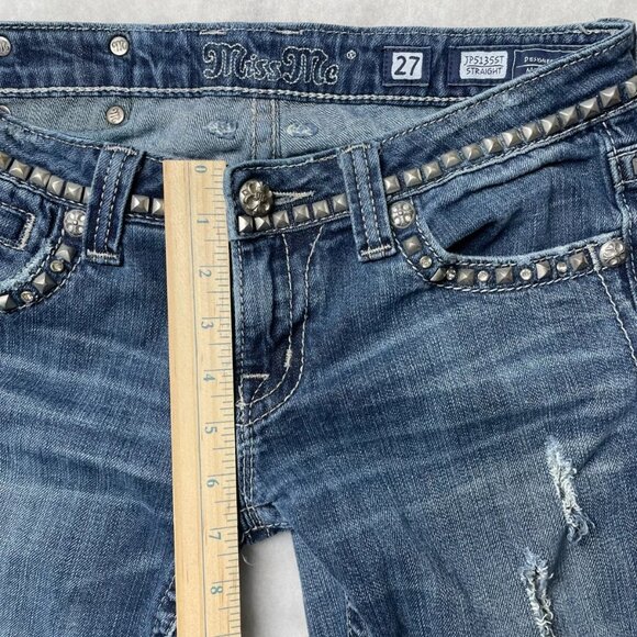Vintage Y2K Miss Me Womens Denim Blue Studded Distressed Straight Jeans Size 27 - Picture 11 of 13